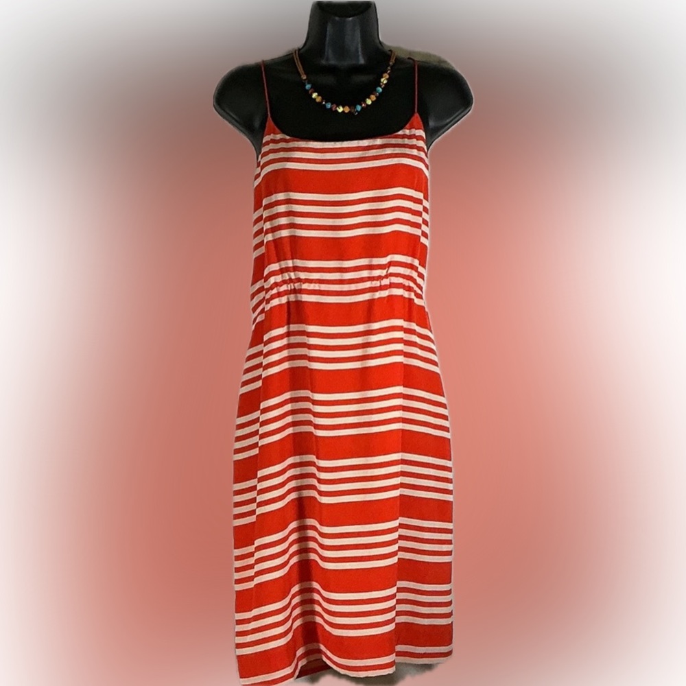 J.Crew 100% Silk Orange White Striped Spaghetti Strap Dress Size 8 Summer